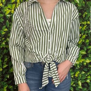 Green Striped Women's Top with Embellishments
